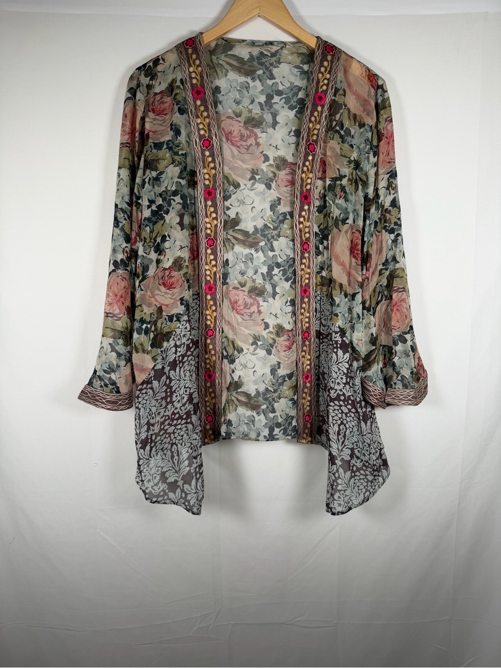 Fairy Grunge Floral Sheer Kimono Cardigan with Flare Sleeves Green, Pink, Brown‎
